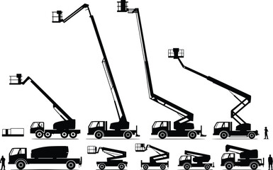 Aerial work platforms, boom lift trucks, utility maintenance equipment silhouettes, flat vector © MstBegum