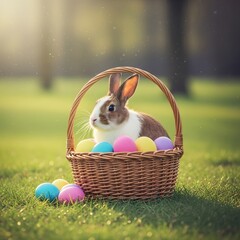 Easter bunny in a wicker basket surrounded by colorful eggs on grass