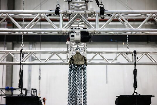 A chain hoist is suspending a fabric from a stage rigging system.