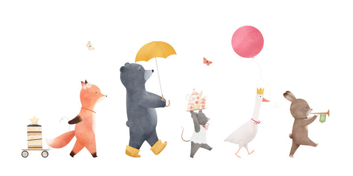 Funny forest friends are going to have tea. A cheerful company of animals. Graphics for a children's room. watercolor illustration.