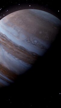 Majestic Jupiter Rotating Planet Atmospheric Detail 4 K Ultra H D Space Exploration Cosmic Clouds Swirling Gas Giant Brown White Blue Hues Celestial Body Astronomy Science Fiction Background
