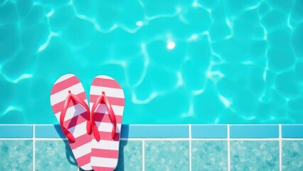 Naklejka premium red white and blue flip flops on swimming pool edge summer vacation banner with copy space concept of travel, leisure, beachwear