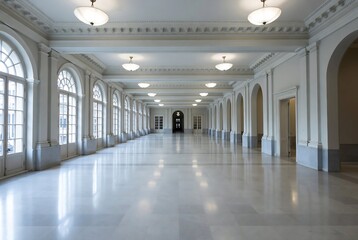 Naklejka premium A long, empty marble hallway in a grand building.
