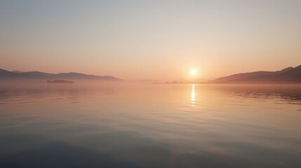 Obraz premium Golden Sunrise Over Calm Lake Horizon