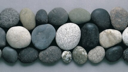 Smooth rounded gray stones and pebbles arranged neatly