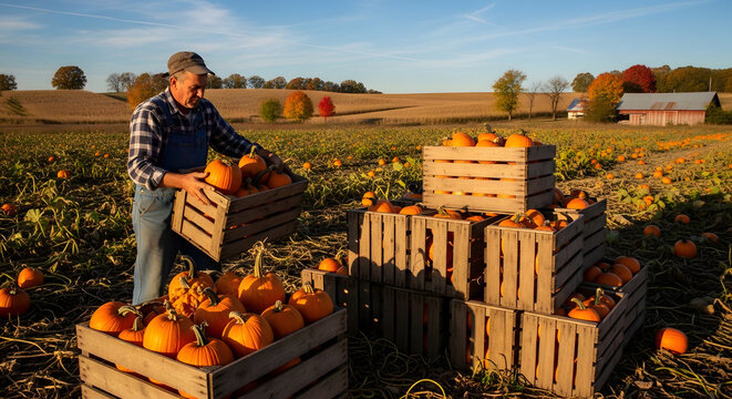 Senior man in overalls gathering ripe pumpkins in a large field during autumn