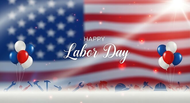 Happy labor day celebration with american flag and balloons