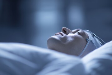 A patient in a futuristic sleep lab with sensors on their head, sleep apnea study