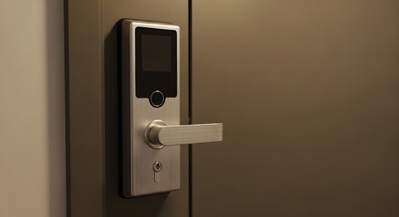 Modern smart door lock with fingerprint scanner and digital touch screen on dark office door