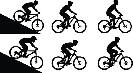 Fototapeta premium Mountain biker cycling silhouettes set riding downhill and trail biking with helmet extreme outdoor sport adventure concept