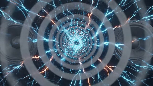 Medical animation showing tinnitus in ear canal concept. Abstract digital art of sound waves with colorful particles and speakers creating a futuristic audio explosion