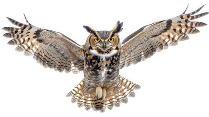 Obraz premium Great horned owl flying with wings spread with bird with raptor with isolated on transparent background