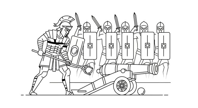 Roman soldiers with cannon and shields, ancient warfare, historical battle illustration