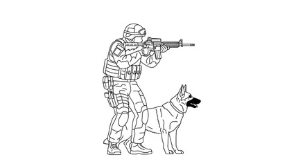 Fototapeta premium Soldier with assault rifle and police dog, tactical team, security, law enforcement, K9 unit