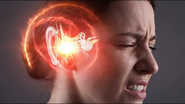 Medical animation showing tinnitus in ear canal concept. Woman suffering from ear pain with highlighted inner ear anatomy and glowing effects