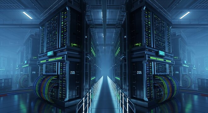 Futuristic data center with rows of server towers in a dimly lit blue room with neon lights