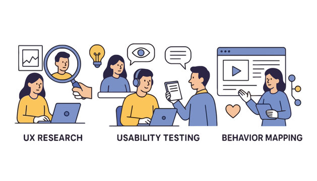 UX research vector illustration with usability testing and behavior mapping