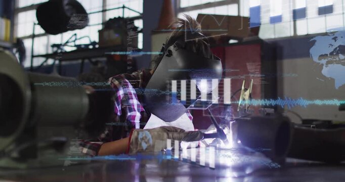 Woman welder igniting torch, guiding arc along joint, joining metal parts, HUD overlaying frame