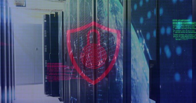Shield appearing over data center racks, pulsing padlock and flashing code signaling status