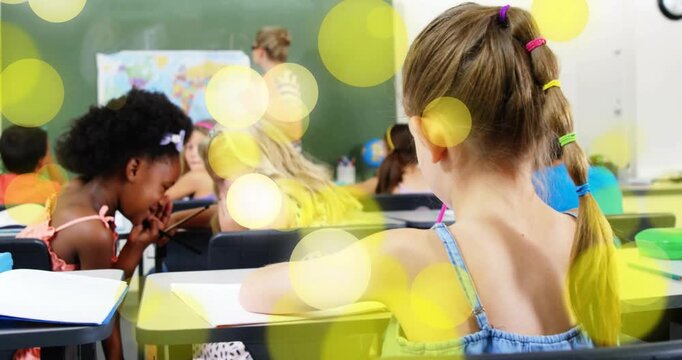 Girl with braided hair writing in education notebook, turning to camera reacting to yellow overlays