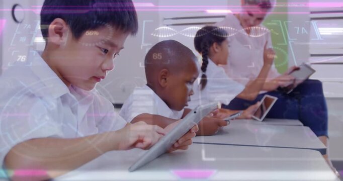 Camera reframing focusing left child, student tapping tablet, teacher guiding, HUD aiding learning