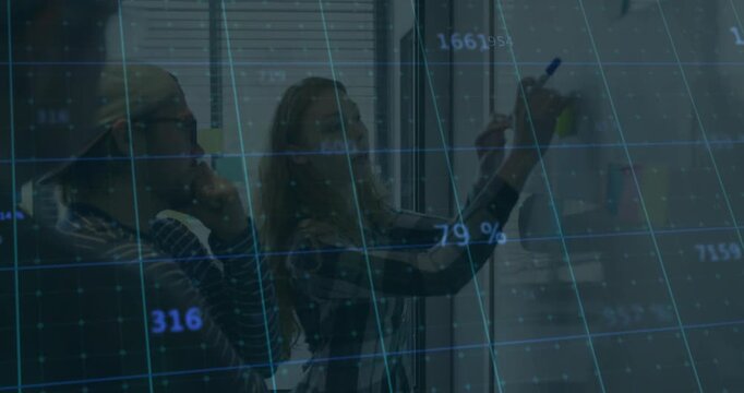 Two biz staff at glass left holding phone thinking right writing metrics up data grid overlay