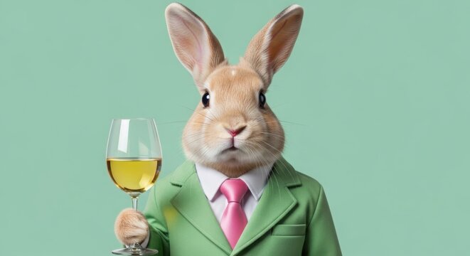 Easter rabbit in suit holding wine glass