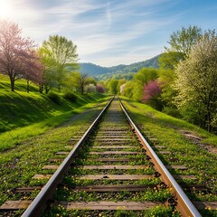 Obraz premium Tracks to Verdant Hills: A Spring Journey.