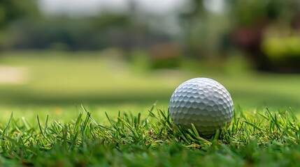 Obraz premium A single white golf ball with dimpled surface resting on lush green grass on a sunny day