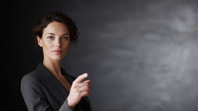 Professional woman giving a presentation with a laser pointer, confident stance