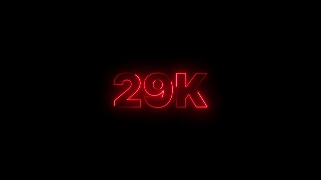 Abstract glowing neon Light 29K Letter Icon Animation on black background. Thank you for 29k followers online social banner happy celebration. neon number design for subscribers celebration.