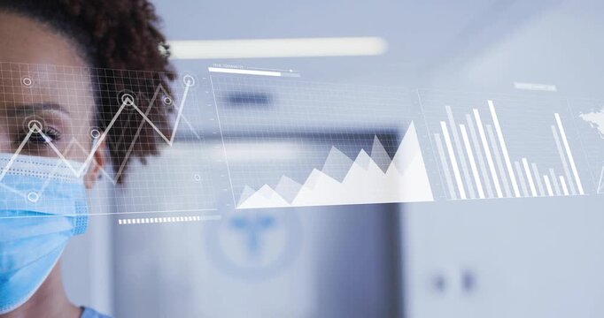 Nurse standing in ward line graph appearing driving charts moving near her face tracking health