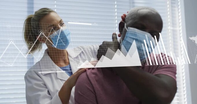 Vertical video: Dr feeling pt back testing tension guiding neck stretch while med graphs overlaying