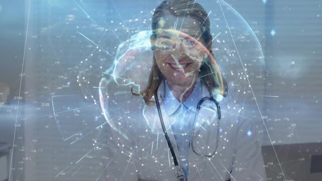 Senior clinician shifting in clinic, rotating globe revealing stethoscope, showing medical data