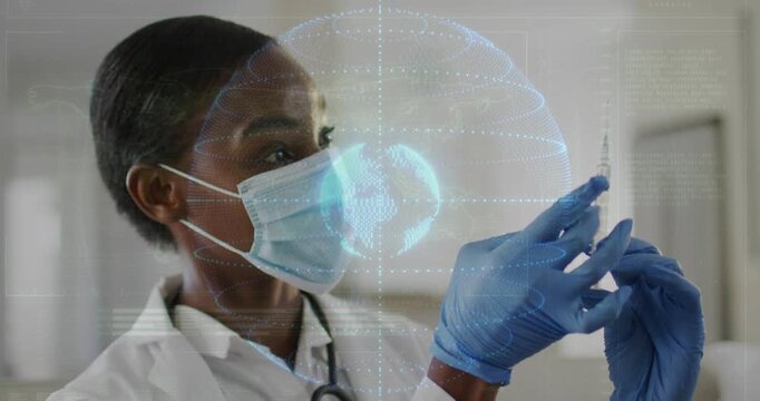 Doctor raising syringe as holo globe appearing aligning tip checking bubbles priming for injection