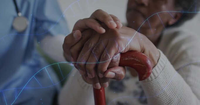 Nurse placing hand over senior gripping red cane, blue helix drifting over hands, offering care