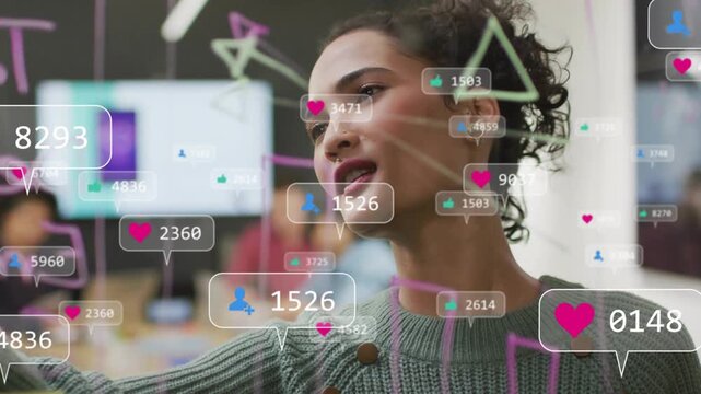 Woman presenting on glass board in business meeting, causing rising engagement icons and counts
