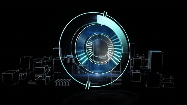 HUD receiving cyan pulse, scanning with rotating rings and building wireframe city for architecture