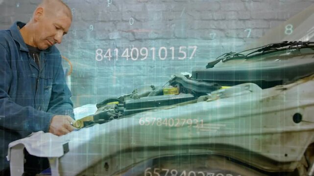 Vertical video: Auto tech inspecting bumper, tightening bolts with wrench while data grid drifting