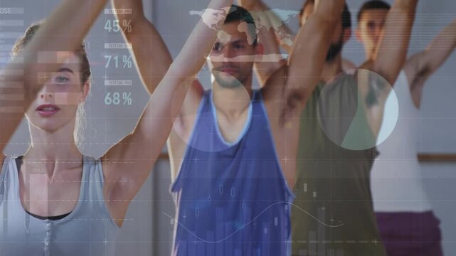 On cue left woman, center man doing overhead palms meeting stretch, HUD data rising and tracking