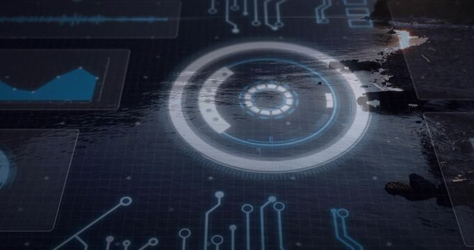 Projecting central holographic circular HUD rotating above calm lakeshore water, with left panels