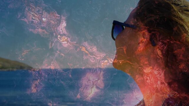 Woman gazing sea tilting lifting bottle sipping while marble overlay rippling over her for health