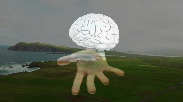 Hovering faint hand holding rotating white 3D brain above coastal fields, rocky shore, headland