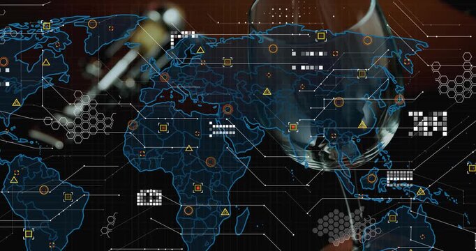 Vertical video: Map animating, wine glass bending HUD data on table near blurry neck, copy space