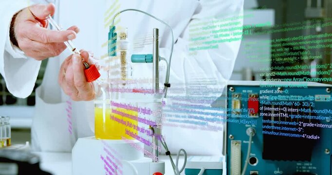 Vertical video: Starting tech labcoat at bench drawing from beaker with pipet clamping probe to log