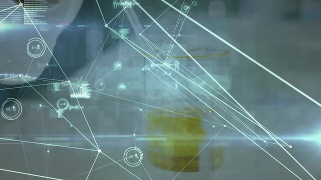 Vertical video: HUD activating, tech in labcoat leaning at bench, homing on yellow jar, copy space