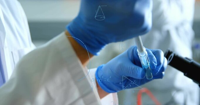 Pipette entering tube, gloved hands pipetting blue solution for measuring, math overlay rising