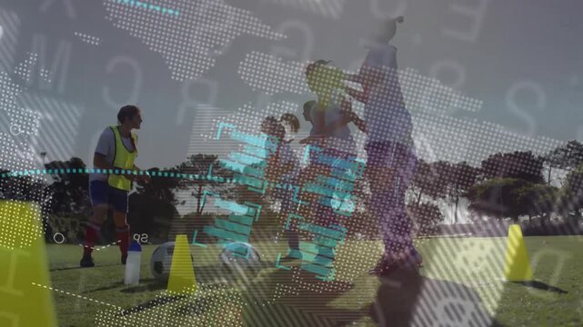 Coach clapping, players doing cone jumps by ball in sports drill, digital overlay showing metrics