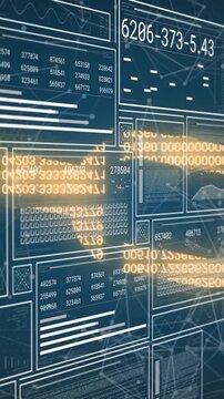 Vertical video: Data wall pulsing as golden ribbon sweeping panels, revealing charts for tech Ops