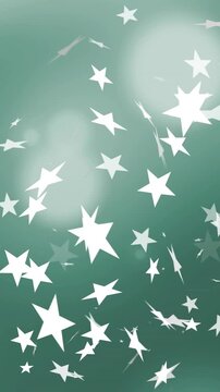 Entering edges, white 5-point stars drifting forming clusters over teal bokeh, glowing with streaks